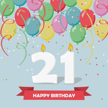 21 yıl kutlama. Mutlu doğum günü tebrik kartı ile mumlar, konfeti ve balon