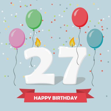 27 yıl kutlama. Mutlu doğum günü tebrik kartı ile mumlar, konfeti ve balon.