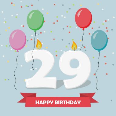 29 yıl kutlama. Mutlu doğum günü tebrik kartı ile mumlar, konfeti ve balon.