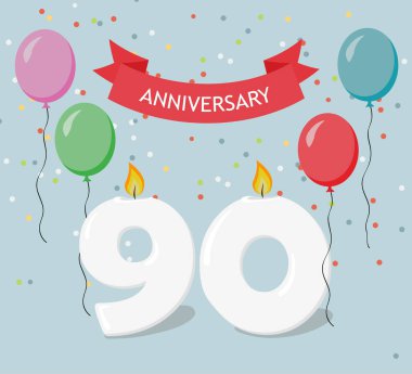 Doksan yıl yıldönümü tebrik kartı ile candels, konfeti ve balon