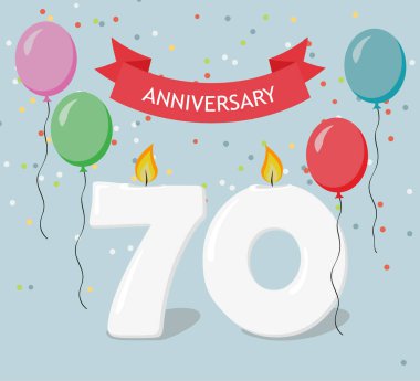 Yetmiş yıl yıldönümü tebrik kartı ile candels, konfeti ve balon