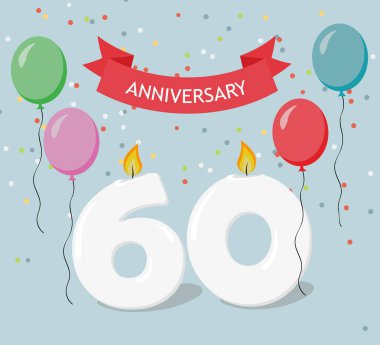 Altmış yıl yıldönümü tebrik kartı candels, konfeti ve balon