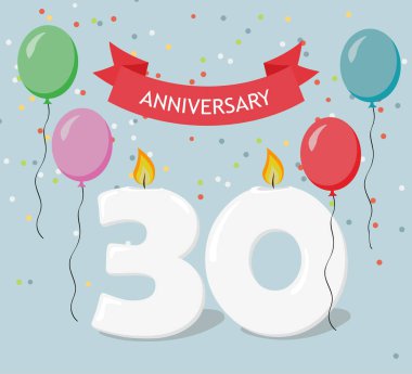 Otuz yıl yıldönümü tebrik kartı ile candels, konfeti ve balon