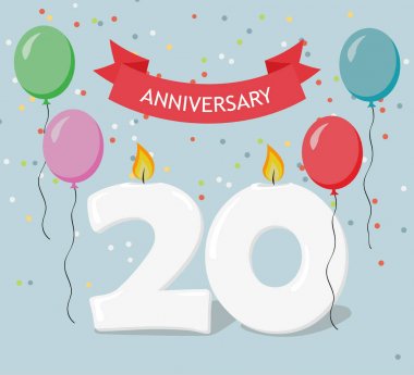 Yirmi yıl yıldönümü tebrik kartı ile candels, konfeti ve balon