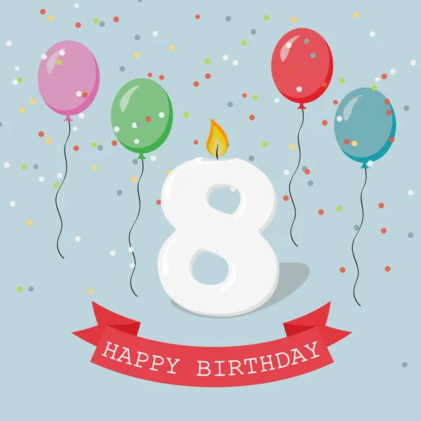 Happy Birthday Verjaardag Wenskaart Met Nummer Acht Ballonnen Linten Confetti — Stockvector