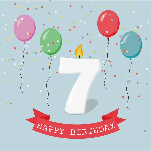 Feliz Aniversário Cartão Saudação Com Número Sete Balões Fitas Confetes — Vetor de Stock