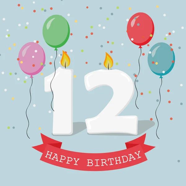 Δώδεκα Χρόνια Επέτειο Ευχετήρια Κάρτα Κεριά Μπαλόνια Και Κομφετί — Διανυσματικό Αρχείο