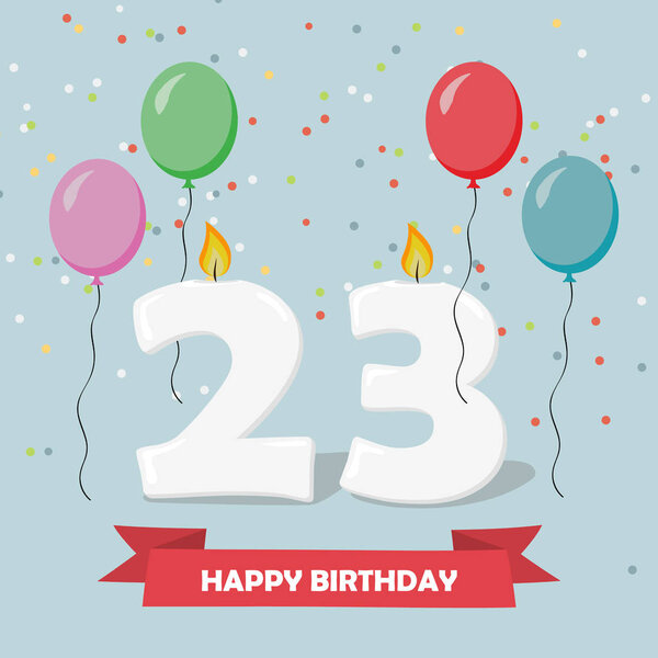 23 years celebration. Happy Birthday greeting card with candles, confetti and balloons.