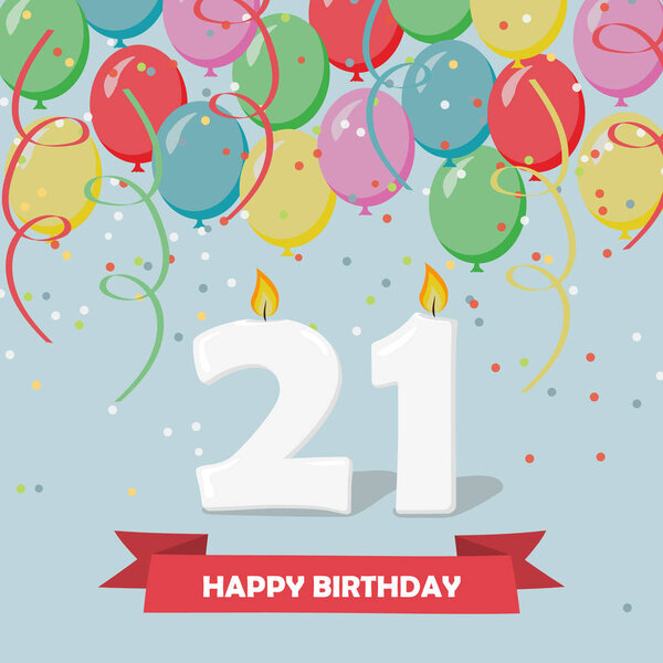 21 years celebration. Happy Birthday greeting card with candles, confetti and balloons