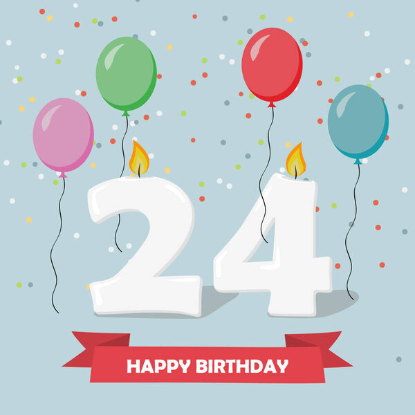 24 years celebration. Happy Birthday greeting card with candles, confetti and balloons.