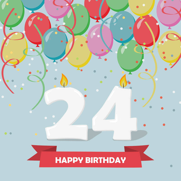 24 years celebration. Happy Birthday greeting card with candles, confetti and balloons.