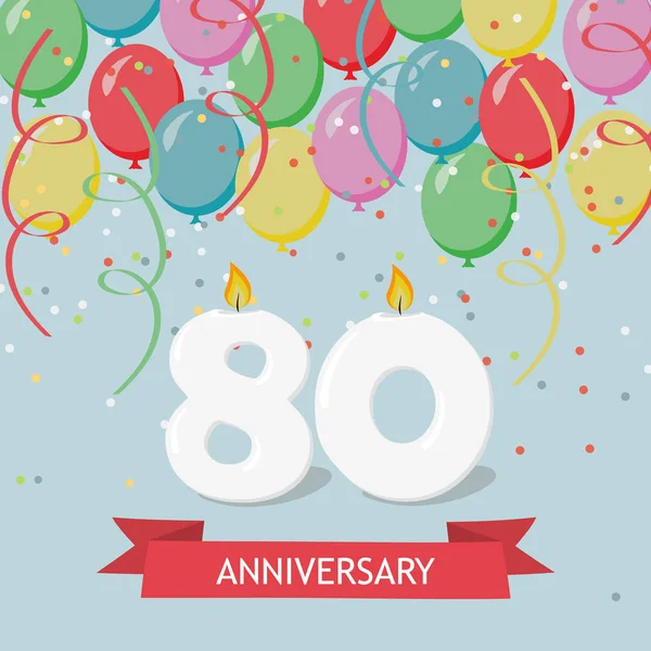 八十周年纪念贺卡用蜡烛 五彩纸屑和气球 — 图库矢量图片