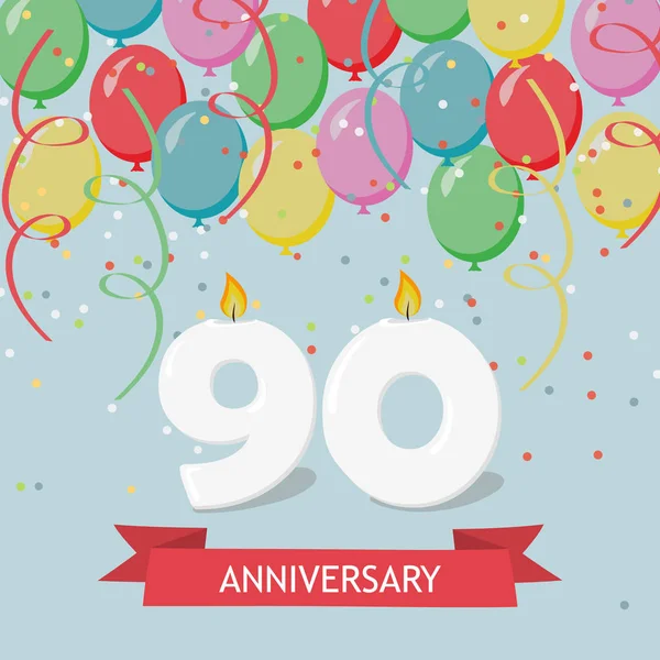 九十周年纪念贺卡用蜡烛 五彩纸屑和气球 — 图库矢量图片