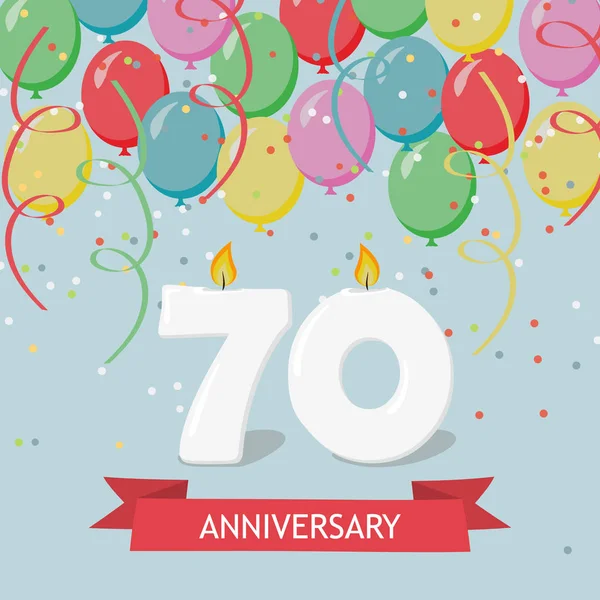 七十周年纪念贺卡用蜡烛 五彩纸屑和气球 — 图库矢量图片