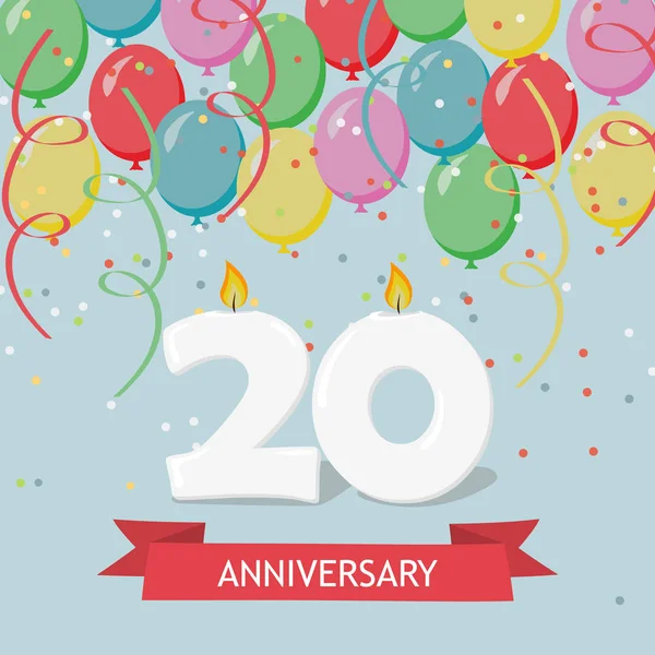 Είκοσι Χρόνια Επέτειο Ευχετήρια Κάρτα Κεριά Μπαλόνια Και Κομφετί — Διανυσματικό Αρχείο