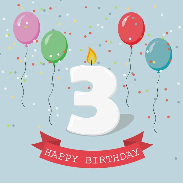 Happy Birthday Anniversary Greeting Card Number Three Balloons Ribbons Confetti — Stock Vector