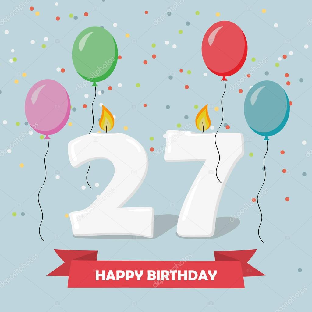 27 years celebration. Happy Birthday greeting card with candles, confetti and balloons.