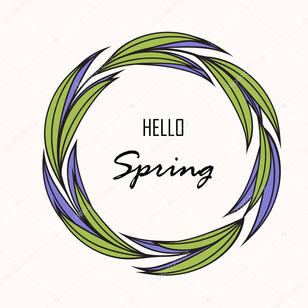 Hello spring greeting card with Hand drawing rustic floral wreath
