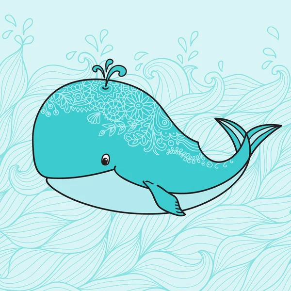 Cute whale on blue waves background — Stok Foto