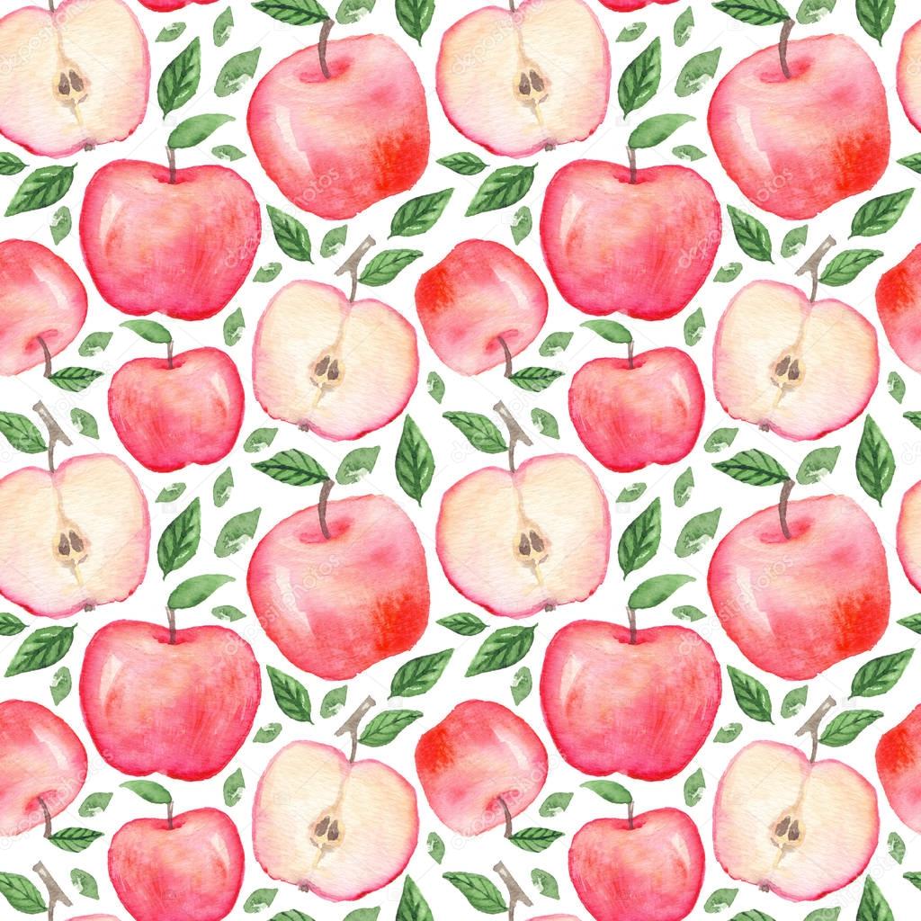pattern with hand drawn watercolor apples
