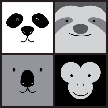 çizgi film panda, tembellik, koala ve maymun