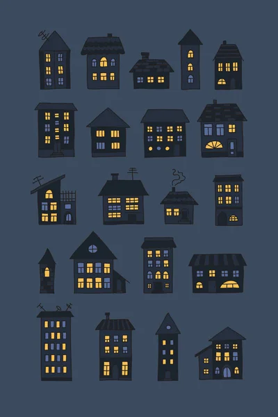 Set of doodle night houses — Stock Vector