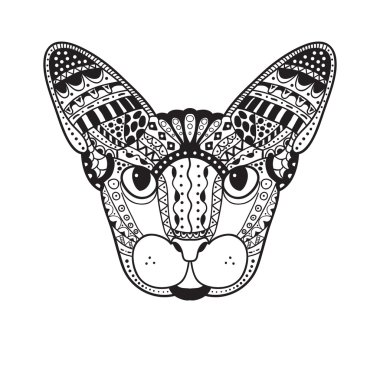 Elle çizilmiş süslü doodle grafik siyah beyaz Sfenks kedi yüz