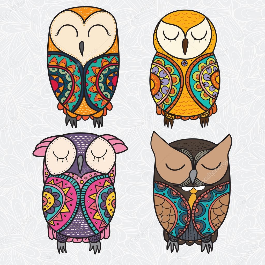 Set of cute decorative ornamental Owl. Vector doodle illustratio