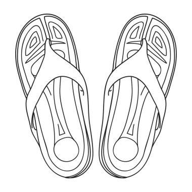 Çift flip flop, yaz saati tatil öznitelik, terlik, Ayakkabı, stil vektör siyah beyaz illüstrasyon izole beyaz zemin üzerine eskiz. El çekilmiş flip flop, sandalet, yaz sembolü. 