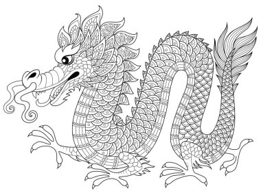 Zentangle tarzı bir Çinli ejderha. Yetişkin antistress boyama sayfası