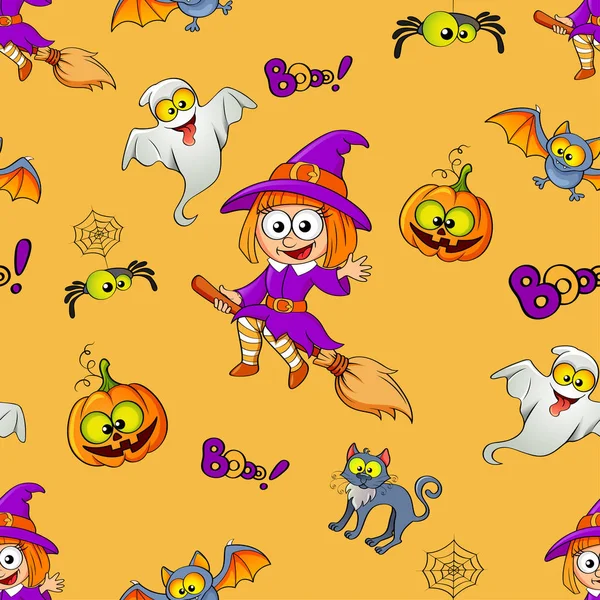 Modèle sans couture Halloween avec sorcière, citrouille, chat, chauve-souris, fantôme et araignée — Image vectorielle