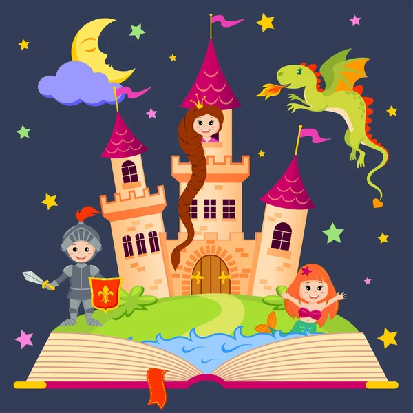 Казкова книга з замком, принцесою, лицар, русалонькою, драконом — стоковий вектор