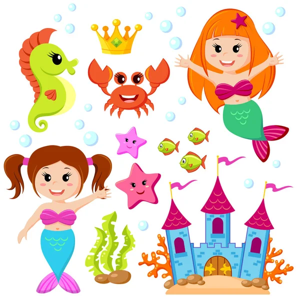 Zeemeermin, onderwater kasteel en zeedieren. Vis, zeester, seahorse, krab, crovn — Stockvector