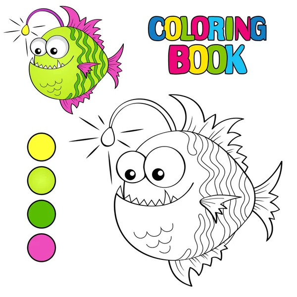 Libro da colorare con simpatica rana pescatrice cartone animato — Vettoriale Stock