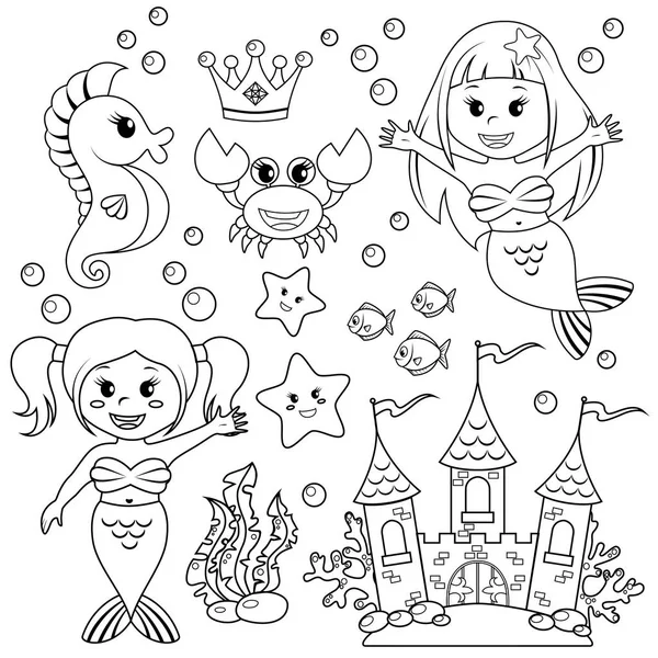 人魚、水中の城と海の動物。魚、ヒトデ、タツノオトシゴ、カニ、crovn。黒と白のベクトル イラスト塗り絵 — ストックベクタ