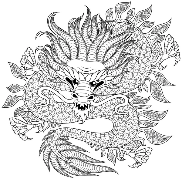 Dragón chino en estilo zentangle para el tatoo. Página para colorear antiestrés para adultos. garabato dibujado a mano en blanco y negro para colorear libro — Vector de stock