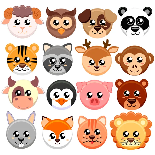 Bonito desenhos animados animais cabeça forma redonda. Urso, gato, cão, porco, coelho, vaca, cervo, leão, ovelha, tigre, coruja, panda, guaxinim, macaco, pinguim, lebre, raposa — Vetor de Stock