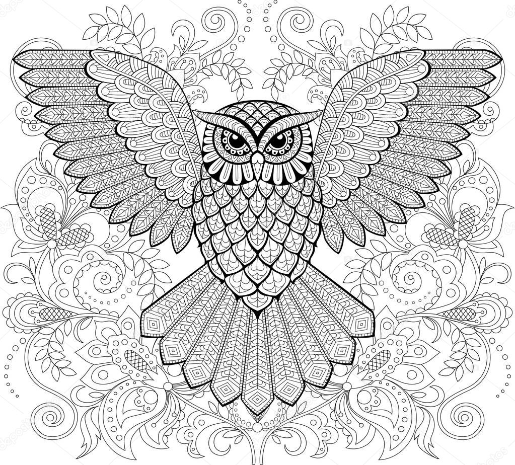 Vliegende uil en florale sieraad in zentangle stijl