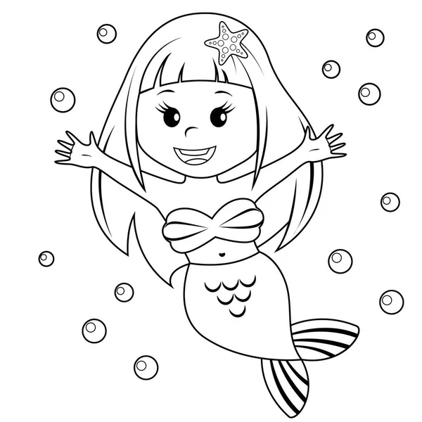 Sevimli küçük deniz kızı. Boyama kitabı için siyah ve beyaz vektör çizim — Stok Vektör