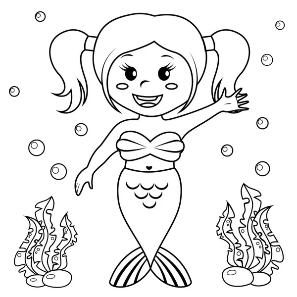 Sevimli küçük deniz kızı. Boyama kitabı için siyah ve beyaz vektör çizim — Stok Vektör