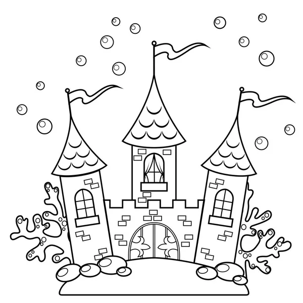 Château sous-marin. Illustration vectorielle noir et blanc pour livre à colorier — Image vectorielle