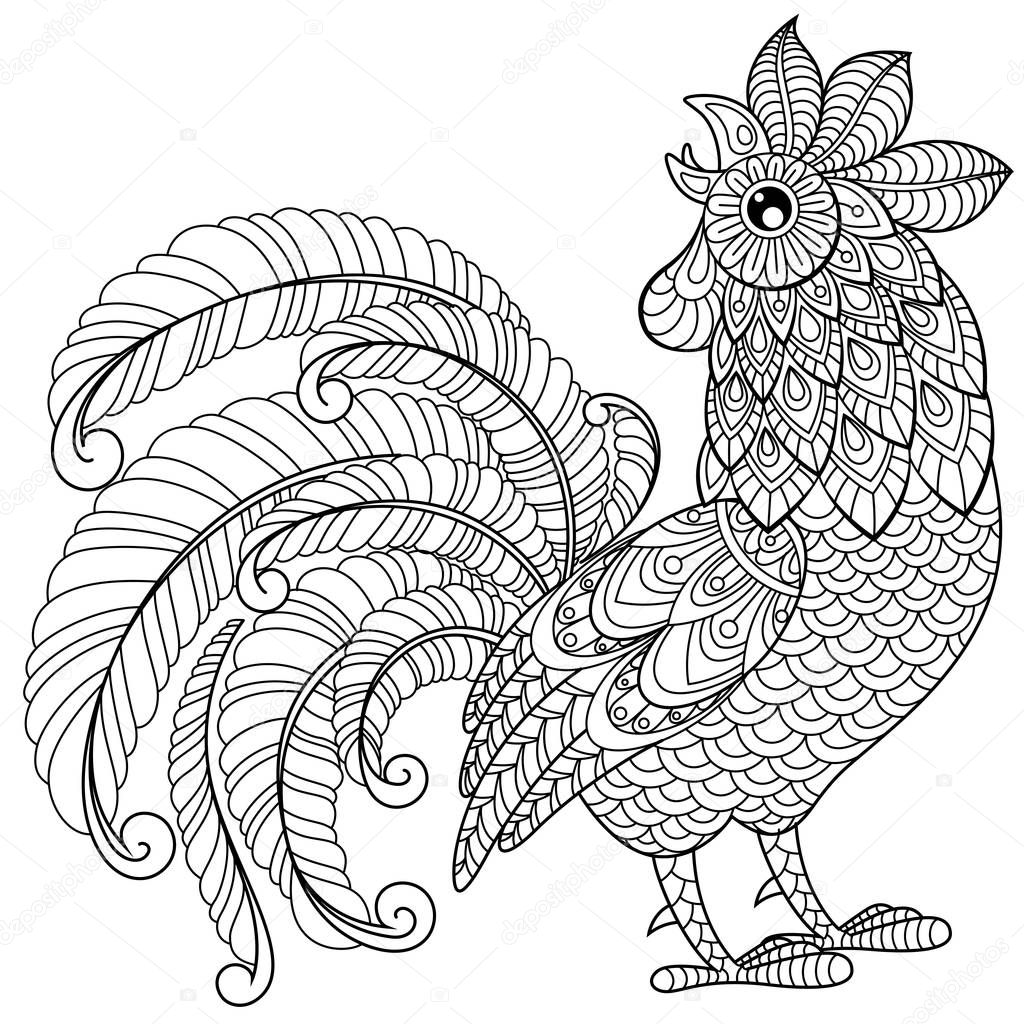 Rooster in zentangle style. Symbol of Chinese New Year 2017. Adult antistress coloring page. Black and white hand drawn doodle for coloring book