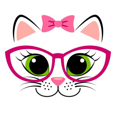 Pembe fiyonk ve gözlük ile sevimli beyaz yavru kedi. Kitty ile kız gibi Yazdır t-shirt için