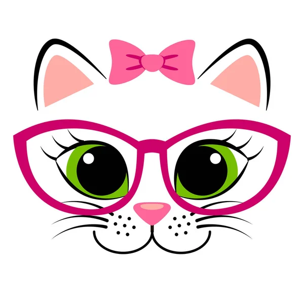 ピンクの弓とメガネのかわいい白い子猫。T シャツのキティと女の子らしいプリント — ストックベクタ