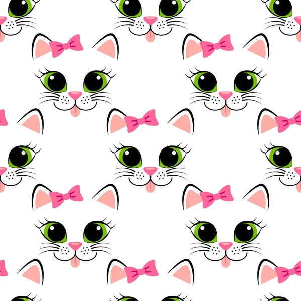 Seamless pattern with cat face. Cute white kitten with pink bow. Girlish background with kitty — Stock Vector