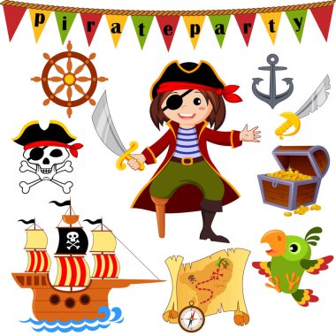  Korsan Icon set. Korsan, papağan, gemi, saber, dümen, hazine sandığı, çapa, jolly roger