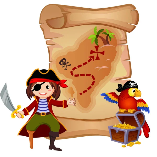 Mapa de piratas, loros y tesoros — Vector de stock