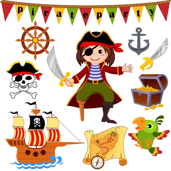 Conjunto de iconos pirata. Pirata, loro, barco, sable, timón, cofre del tesoro, ancla, alegre roger — Vector de stock