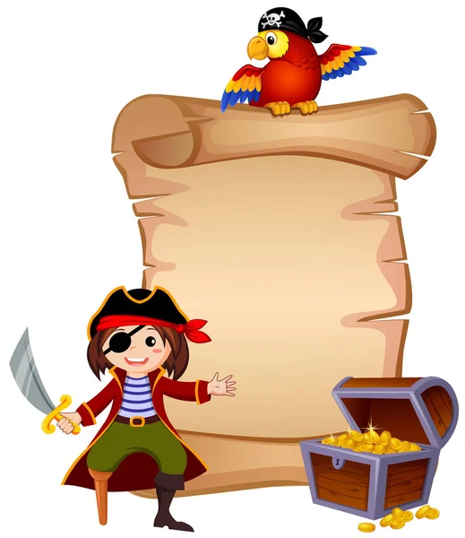 Pirat, papuga, klatki piersiowej i szablonu list skarb — Wektor stockowy
