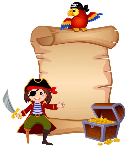 Pirata, loro, cofre del tesoro y carta plantilla — Vector de stock